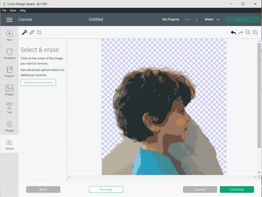 screenshot of design space with partially removed background