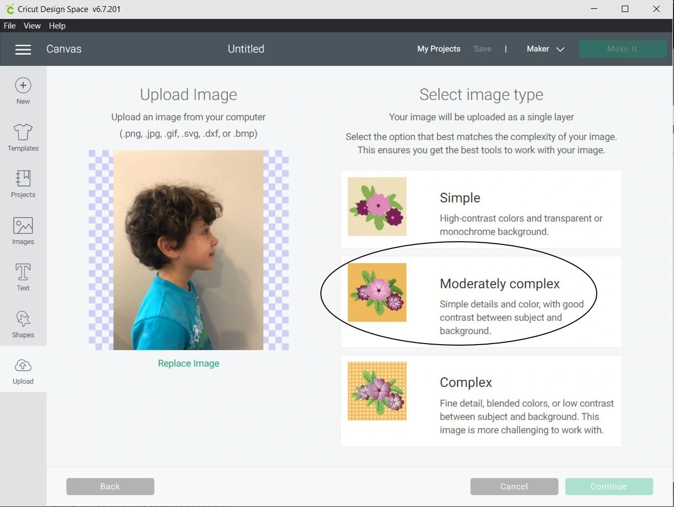 screenshot of design space showing that you need to choose moderate complexity