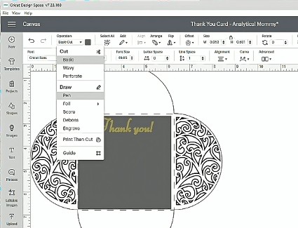 choosing the operation to perform on the thank you card on cricut design space