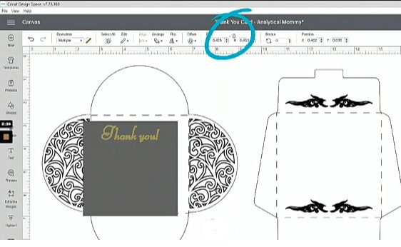 thank you card sizing on cricut design space